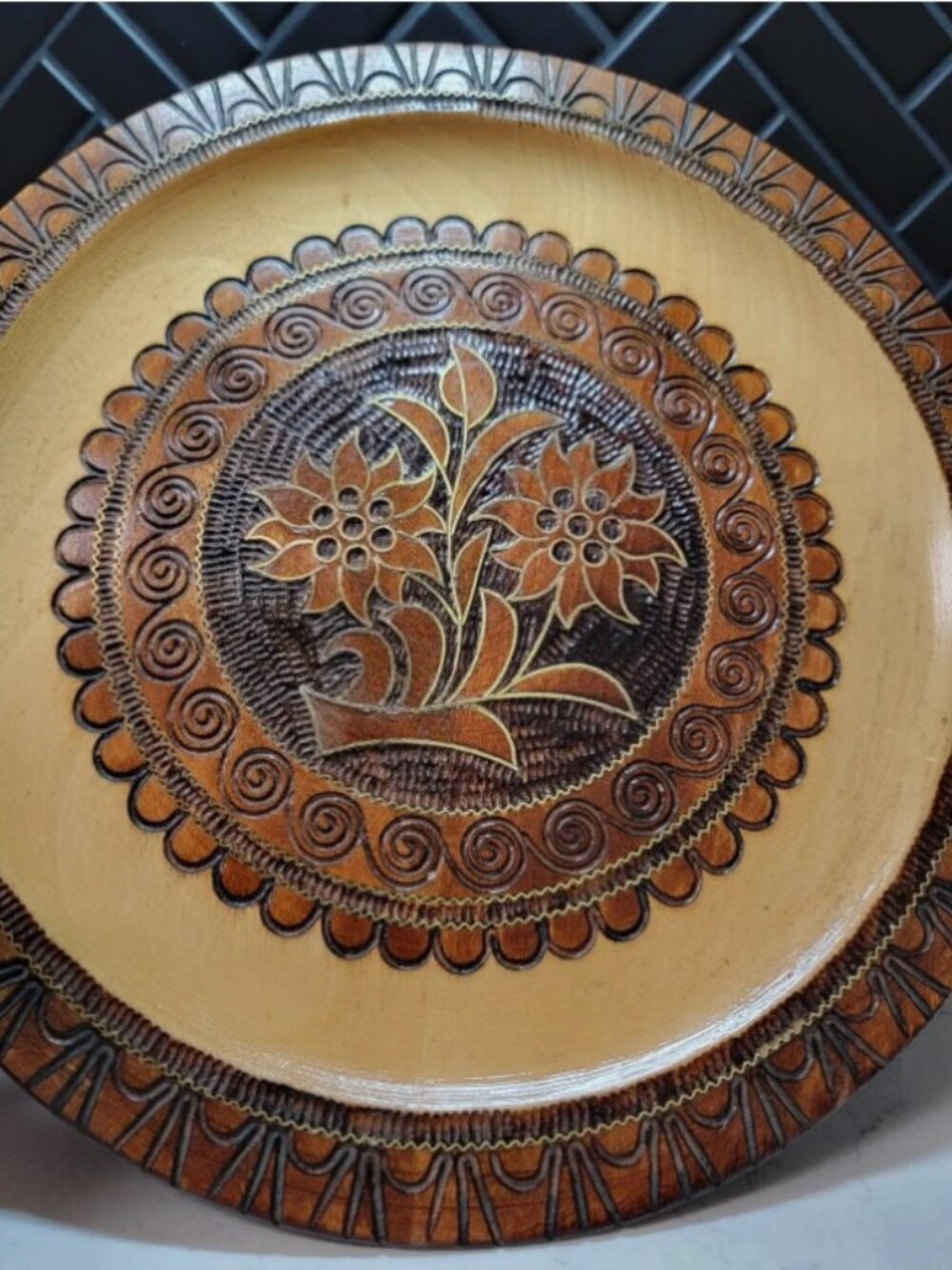 Vintage Polish Folk Art Hand Carved Wooden Plate Set 3- Zakopane Tatra Mountains - Picture 2 of 5
